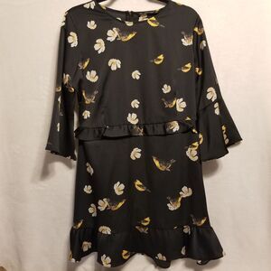 Zara L Dress Black Yellow Floral Bird Print Mini Ruffled Peplum Cottagecore